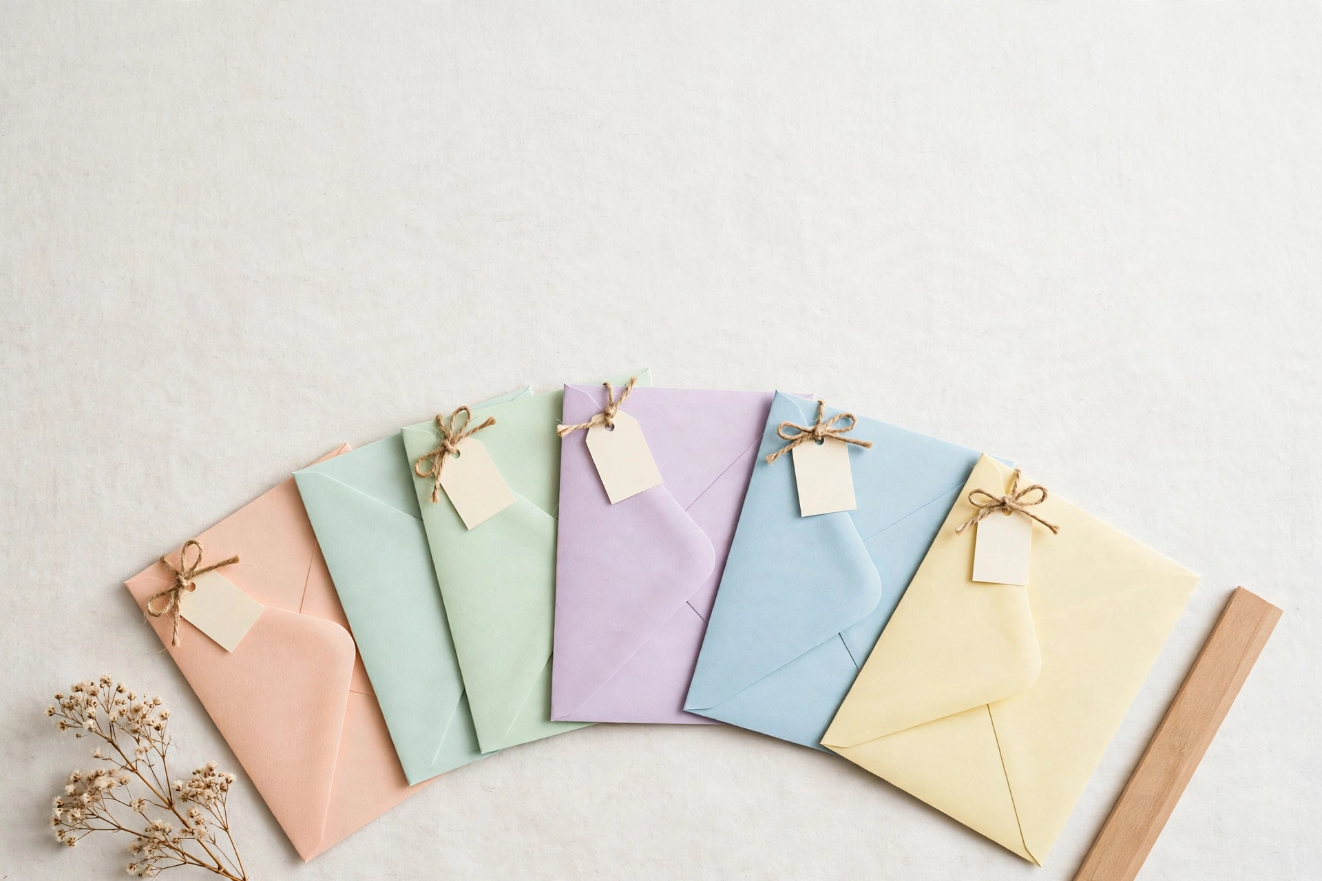 Flat-lay: five pastel envelopes fanned in an arc, each with a small cream price tag attached by twine, with a wooden ruler beside