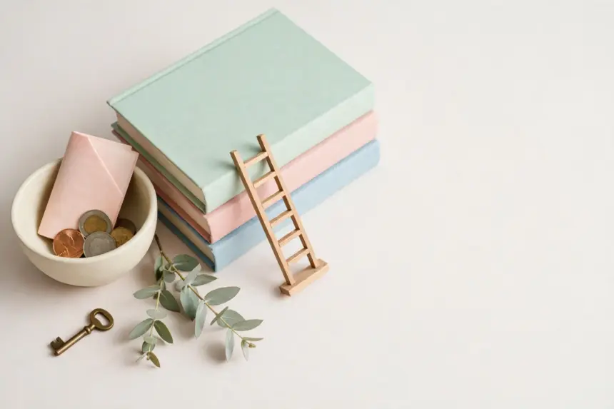 Flat-lay: small cream ceramic bowl with coins and a folded pastel banknote beside a miniature wooden ladder leaning on pastel books