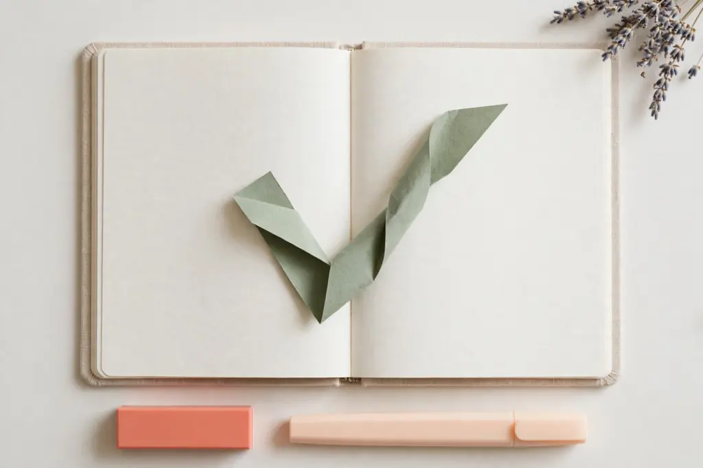 Flat-lay: sage-green paper ribbon twisted into a checkmark on an open notebook page with a coral rubber stamp and peach highlighter