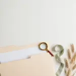 Flat-lay: open pastel beige manila folder with a document page, brass magnifying glass, sage ribbon and dried wheat