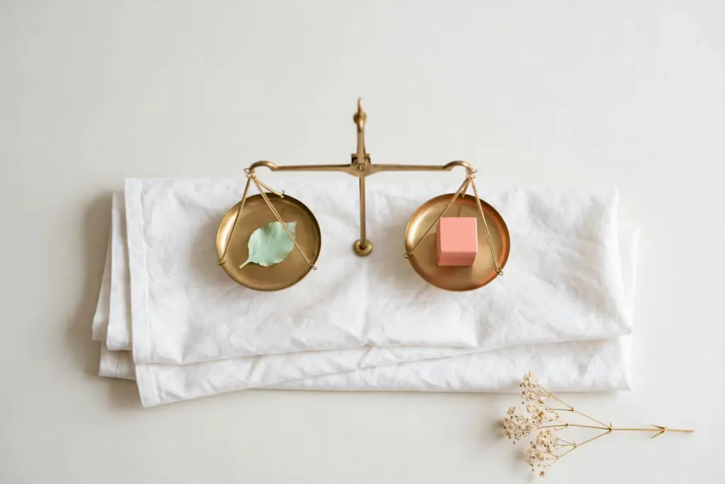 Flat-lay: brass balance scale with a pastel-green leaf on one pan and a pastel-coral cube on the other