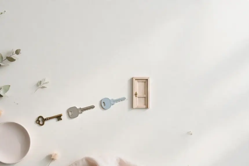 Flat-lay: three different keys — a vintage brass key, a grey key and a pale blue key — in a row leading to a tiny wooden door on a pale off-white background, with a small pink dish and eucalyptus leaves at the edges