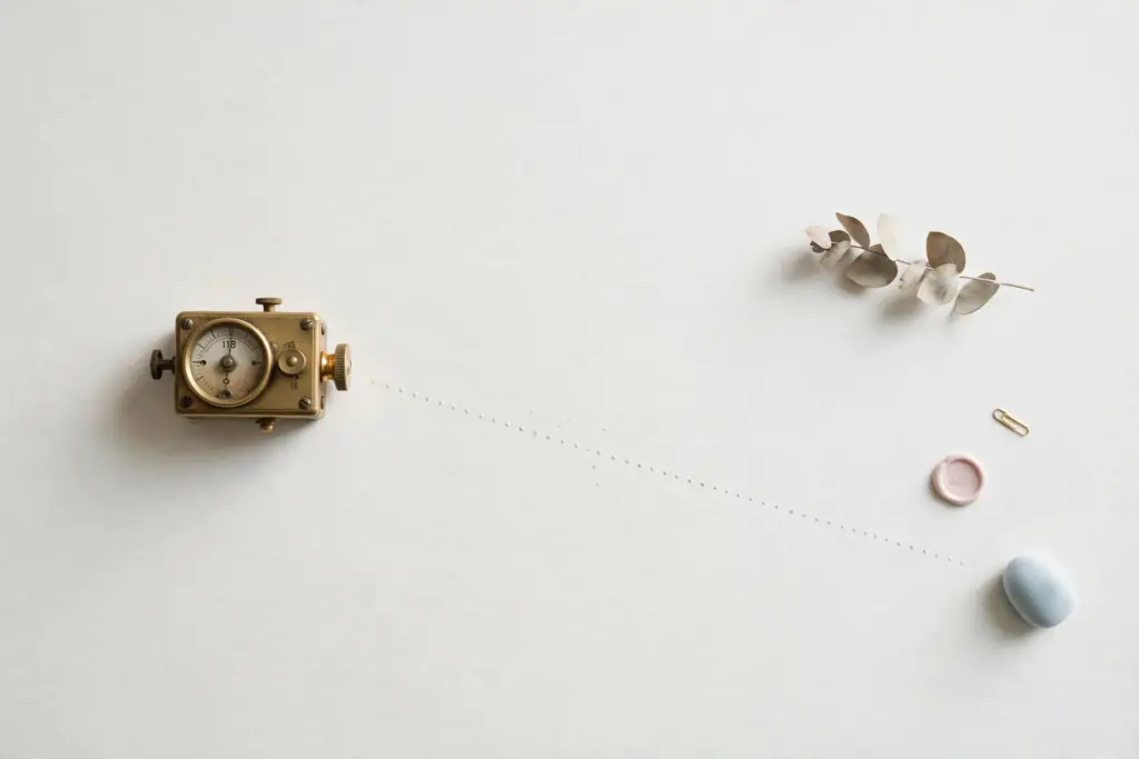 Flat-lay: a small vintage brass meter with a round dial on a pale off-white desk, a faint dotted trail leading away from it toward a tiny pink dish and a smooth blue-grey stone
