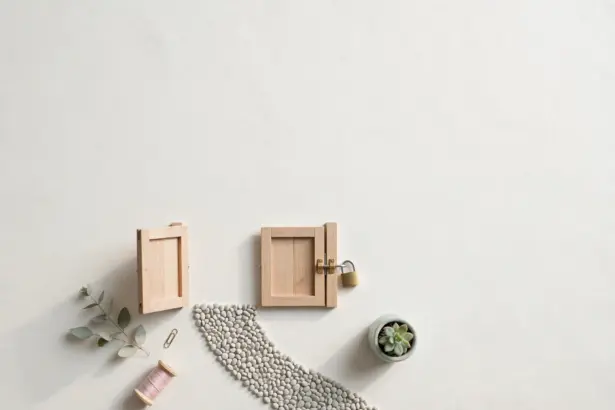 Flat-lay: two small wooden garden gates on a pale off-white background, one open and one closed with a tiny brass padlock, a curved pebble path between them and a small potted succulent beside