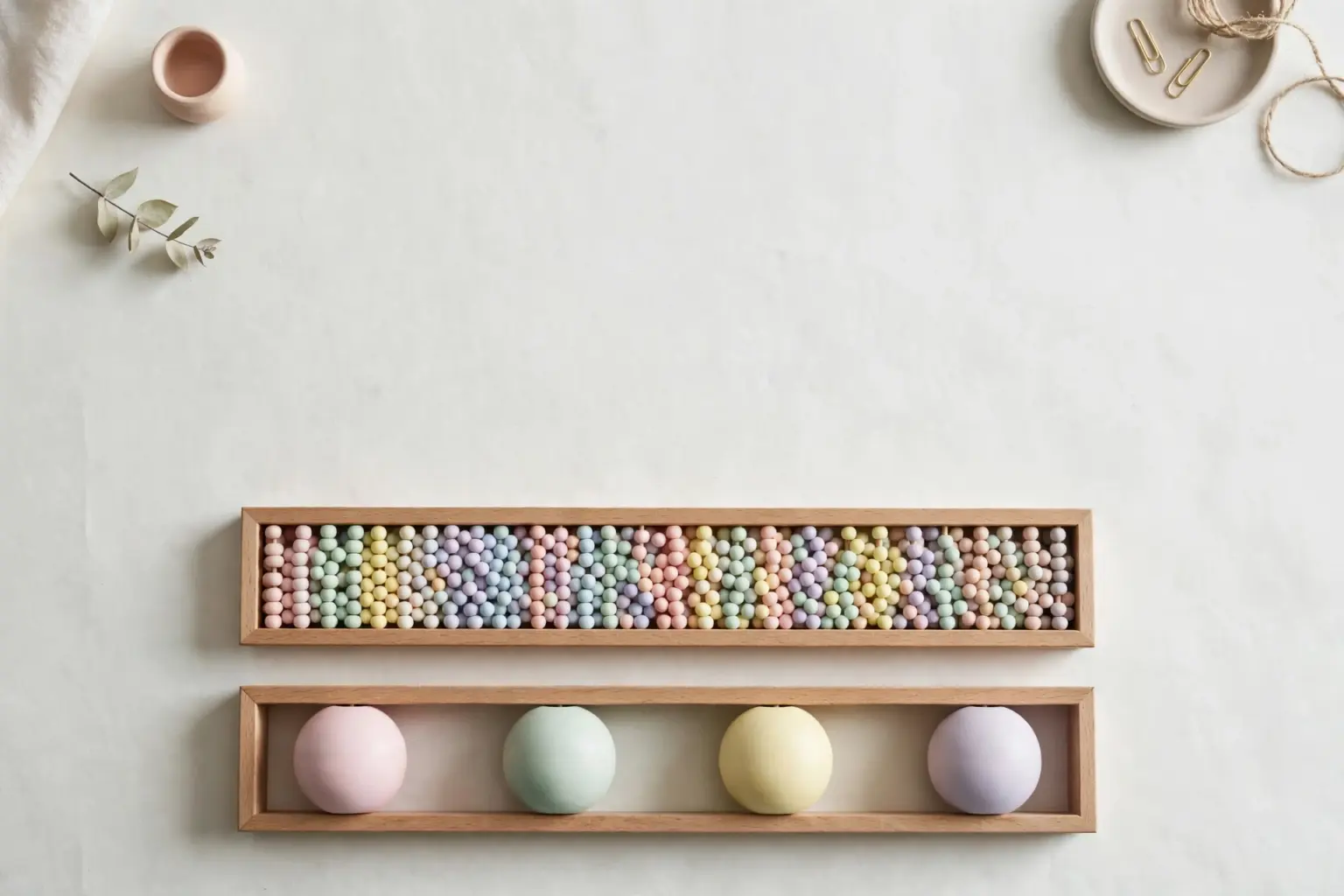 Flat-lay: two long wooden trays side by side on an off-white background, the top one filled with many tiny pastel beads and the lower one holding four large pastel balls