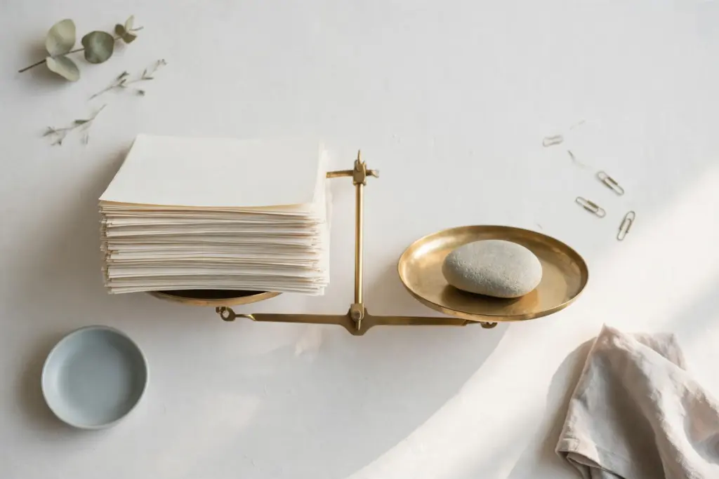 Flat-lay: a brass balance scale weighing a tall stack of pale paper invoices against a single smooth grey river stone on an off-white desk
