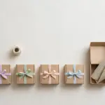Flat-lay: a row of four small kraft boxes each tied with a different pastel ribbon beside an open fifth box with folded paper plans peeking out, with scissors and twine nearby