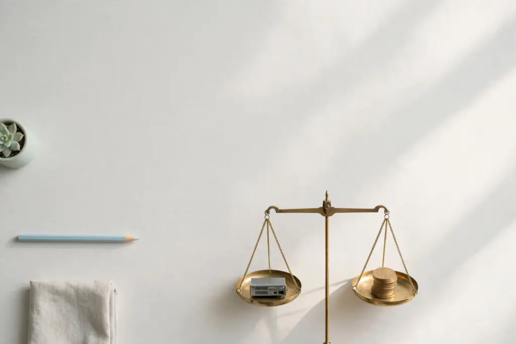 Flat-lay: a tall brass balance scale weighing a tiny grey server block against a neat stack of gold coins, on a pale off-white desk with a pencil and folded cloth nearby