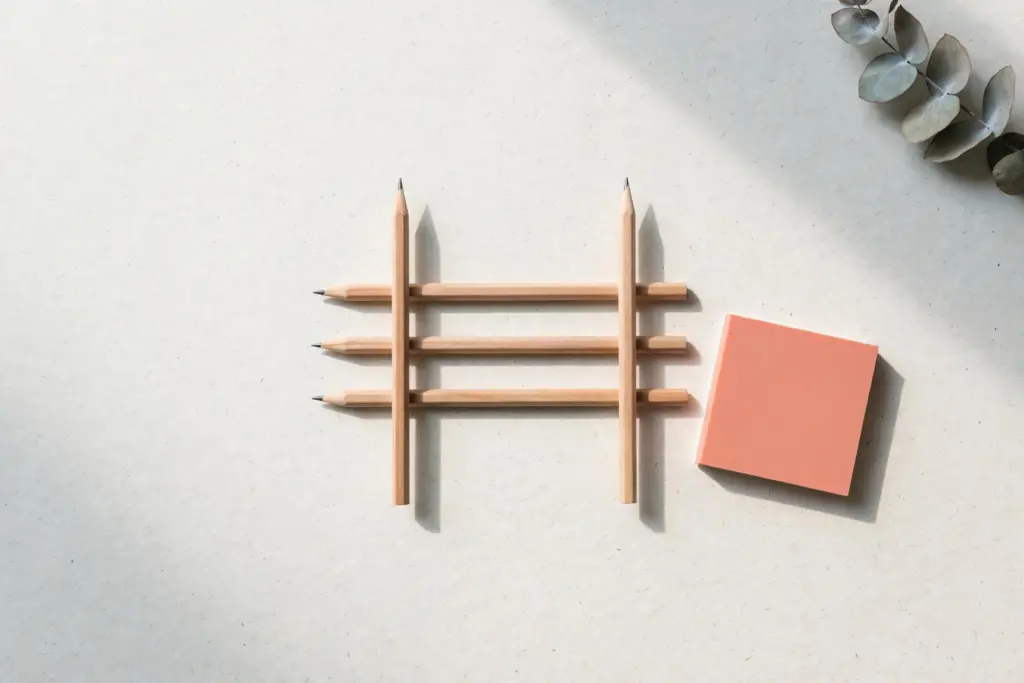 Flat-lay: a small gate-like lattice of wooden pencils across the centre of an off-white desk, a blank coral rubber stamp block resting beside it and a dried eucalyptus sprig in the corner