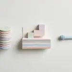 Flat-lay: a tower of stacked pastel coin discs beside layered paper sheets topped with small pastel blocks like a layer cake, and a tiny pale blue microphone to the right