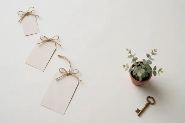 Flat-lay: three blank paper price tags of increasing size tied with twine bows in a diagonal row, beside a small potted eucalyptus plant and a vintage brass key