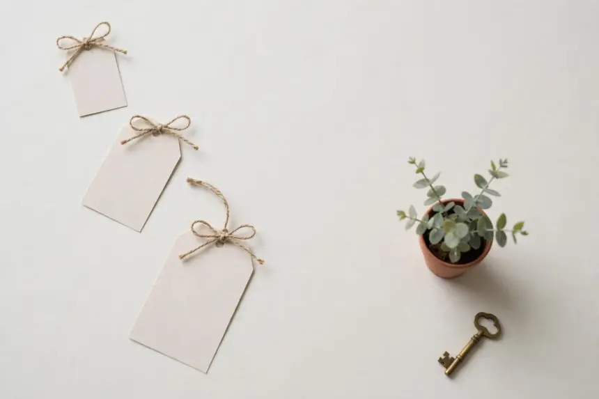 Flat-lay: three blank paper price tags of increasing size tied with twine bows in a diagonal row, beside a small potted eucalyptus plant and a vintage brass key