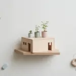 Flat-lay: a small wooden house model on a single flat base holding three tiny potted plants of different heights on its flat roof, on a pale off-white background