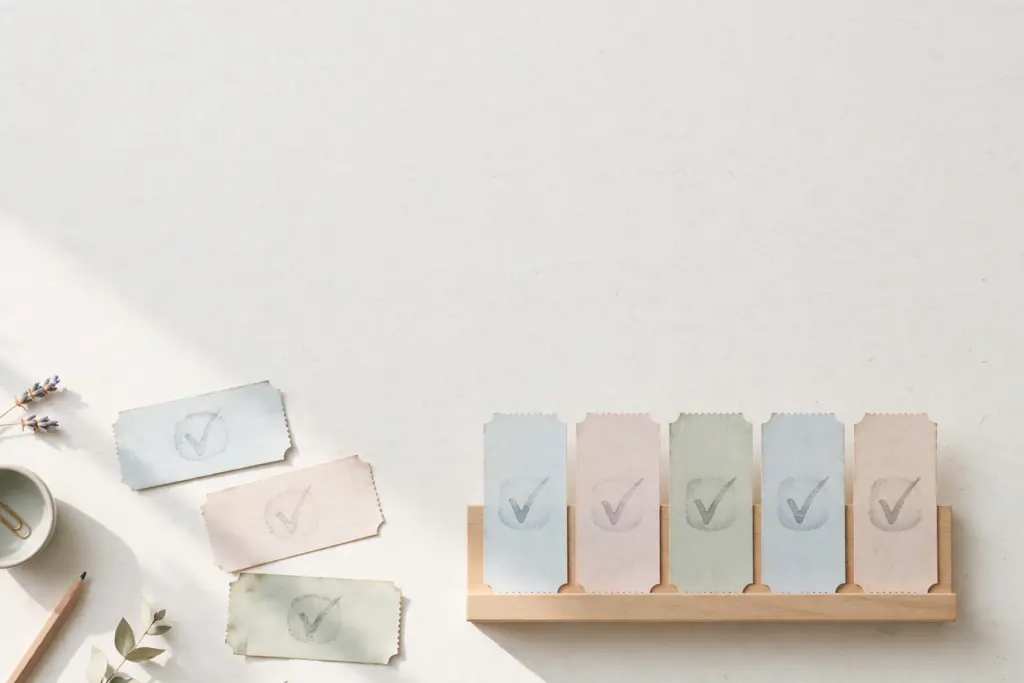 Flat-lay: pastel paper tickets stamped with checkmarks, five standing upright in a wooden holder and three faded ones lying flat beside it on an off-white desk