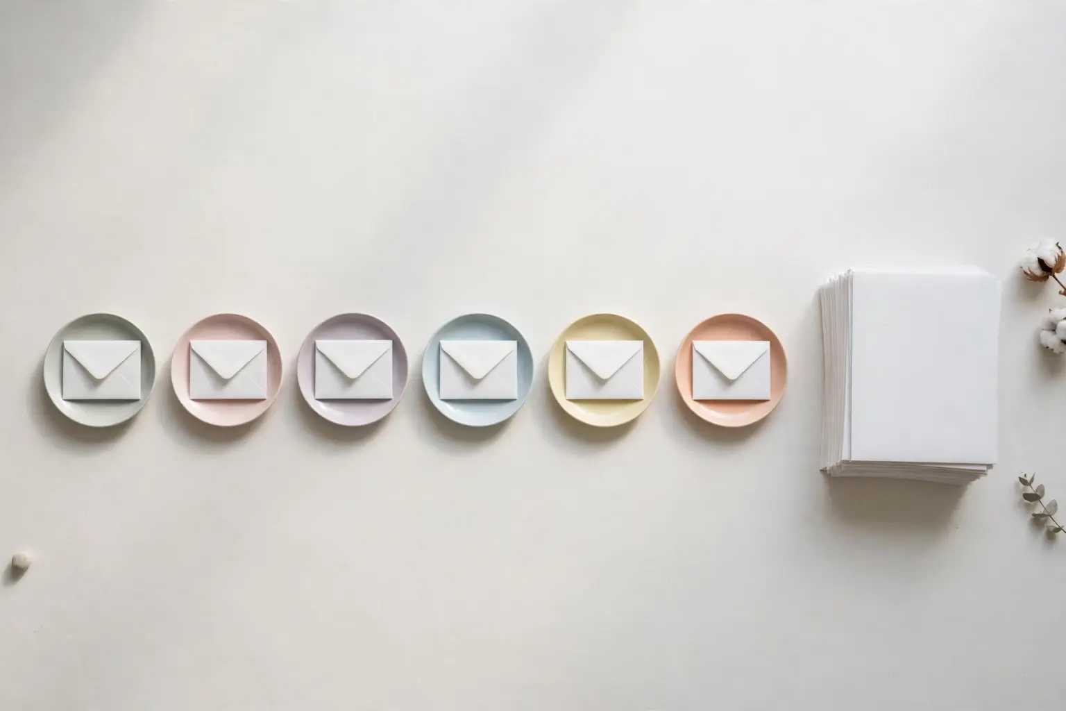 Flat-lay: a neat row of six small white envelopes each resting on its own pastel saucer, with a larger stack of white envelopes waiting beside them