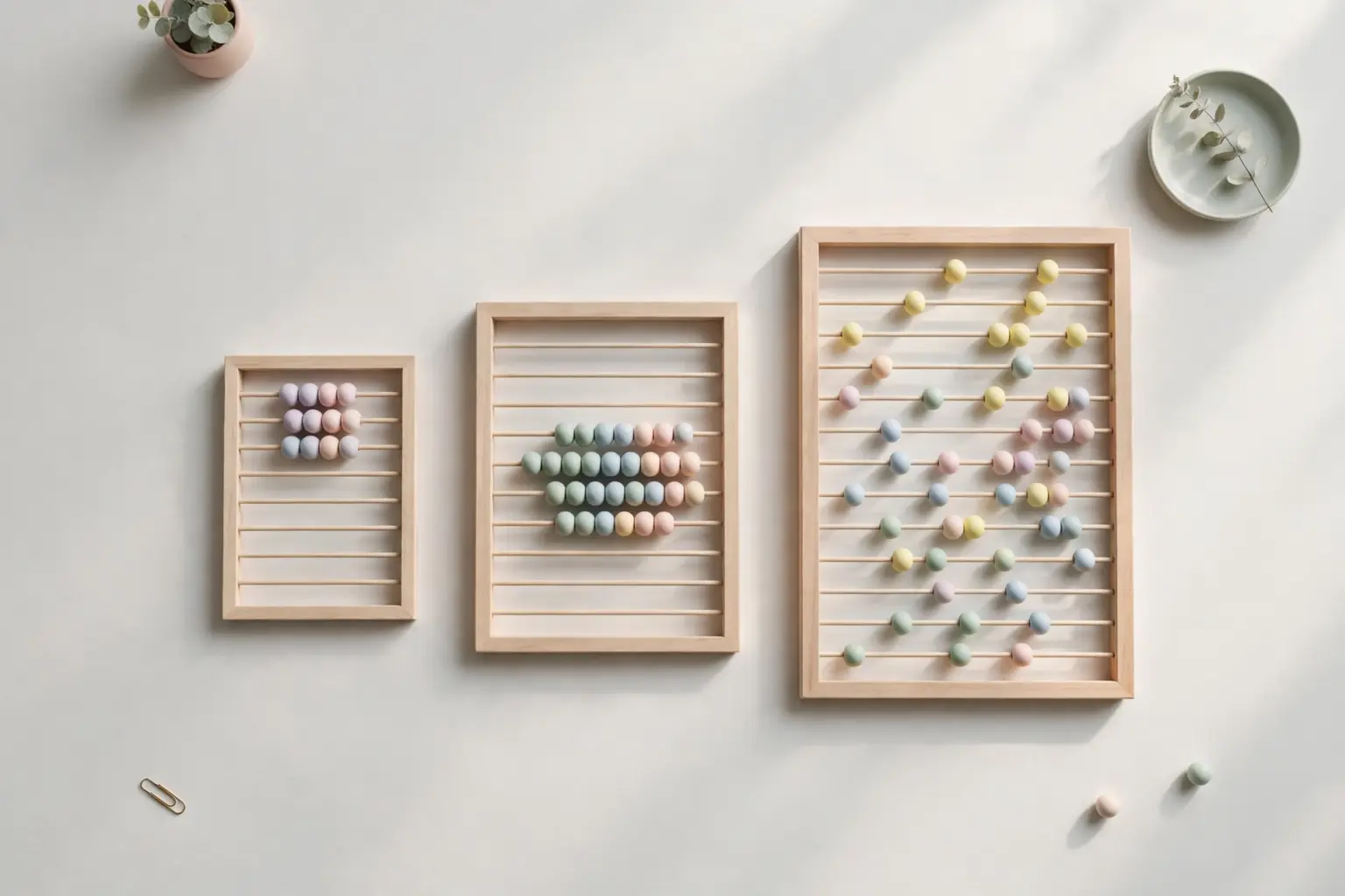 Flat-lay: three wooden abacus-style counting frames of different sizes side by side, their pastel beads arranged in a small group, a medium group and a scattered spread