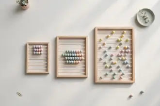 Flat-lay: three wooden abacus-style counting frames of different sizes side by side, their pastel beads arranged in a small group, a medium group and a scattered spread