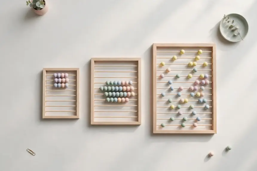 Flat-lay: three wooden abacus-style counting frames of different sizes side by side, their pastel beads arranged in a small group, a medium group and a scattered spread