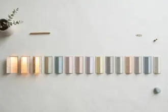 Flat-lay: fifteen small paper doors in a row on a pale off-white background, the nearest ones open with warm light spilling out and the far ones still closed