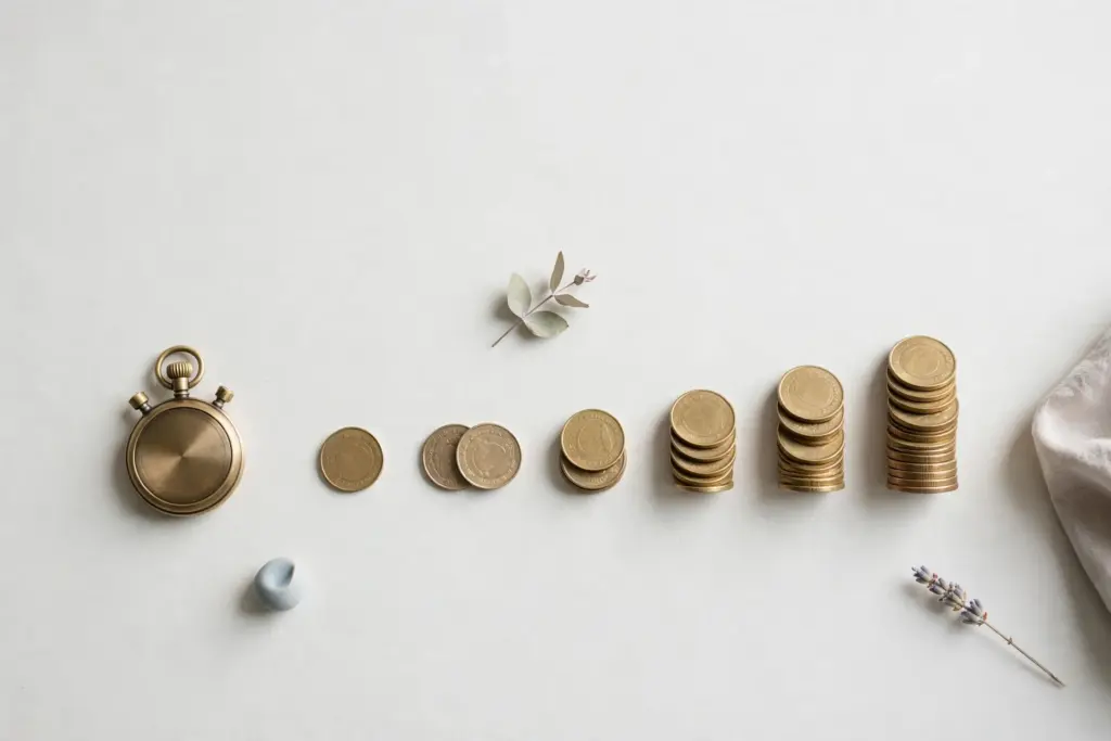 Flat-lay: a small brass stopwatch beside a growing row of coins on a pale off-white desk, sorted from a single coin to a neat stack