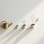 Flat-lay: a small brass watering can beside a row of tiny potted seedlings at different heights on a pale off-white background, the tallest casting a long soft shadow