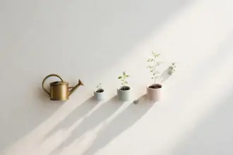 Flat-lay: a small brass watering can beside a row of tiny potted seedlings at different heights on a pale off-white background, the tallest casting a long soft shadow