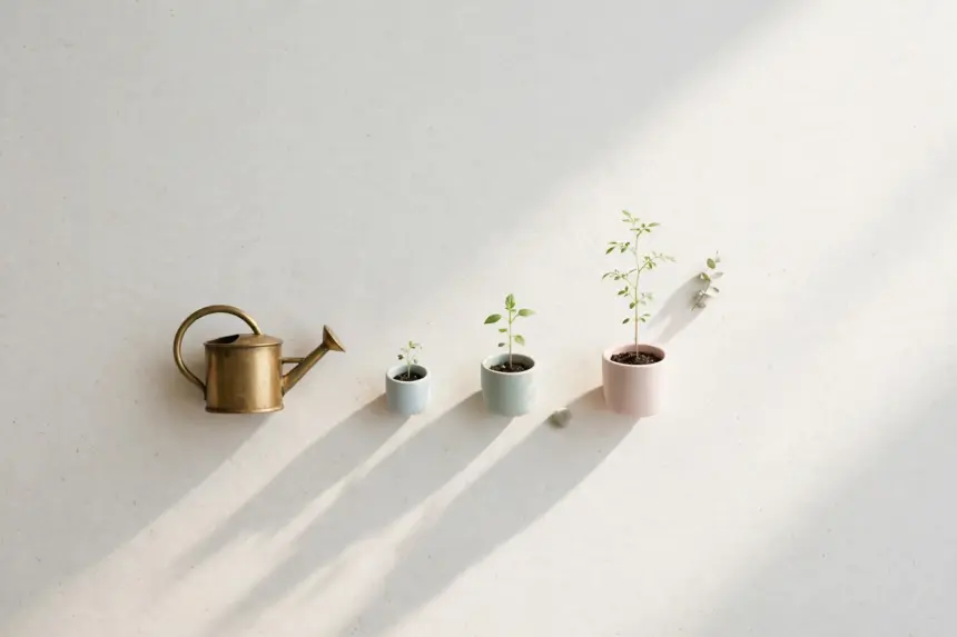 Flat-lay: a small brass watering can beside a row of tiny potted seedlings at different heights on a pale off-white background, the tallest casting a long soft shadow