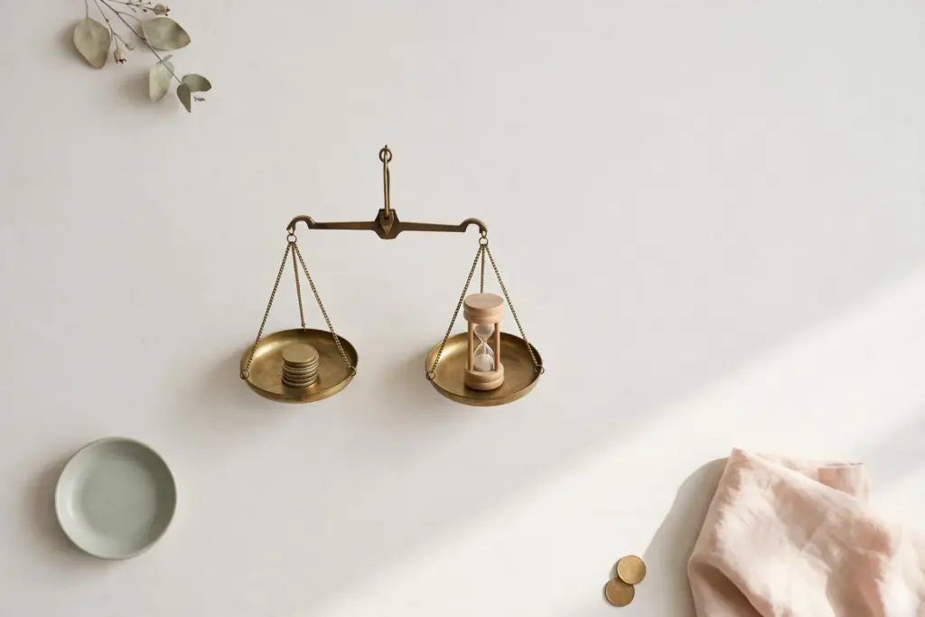 Flat-lay: a kitchen scale on a pale off-white desk balancing a small stack of coins against a tiny hourglass