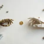 Flat-lay: a small brass robot hand and a paper hand reaching toward the same gold coin from opposite sides on a pale off-white background