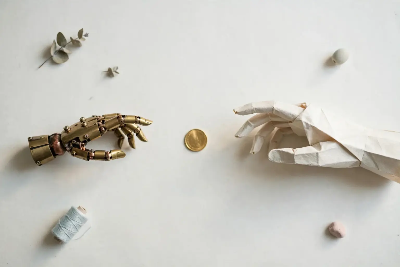 Flat-lay: a small brass robot hand and a paper hand reaching toward the same gold coin from opposite sides on a pale off-white background