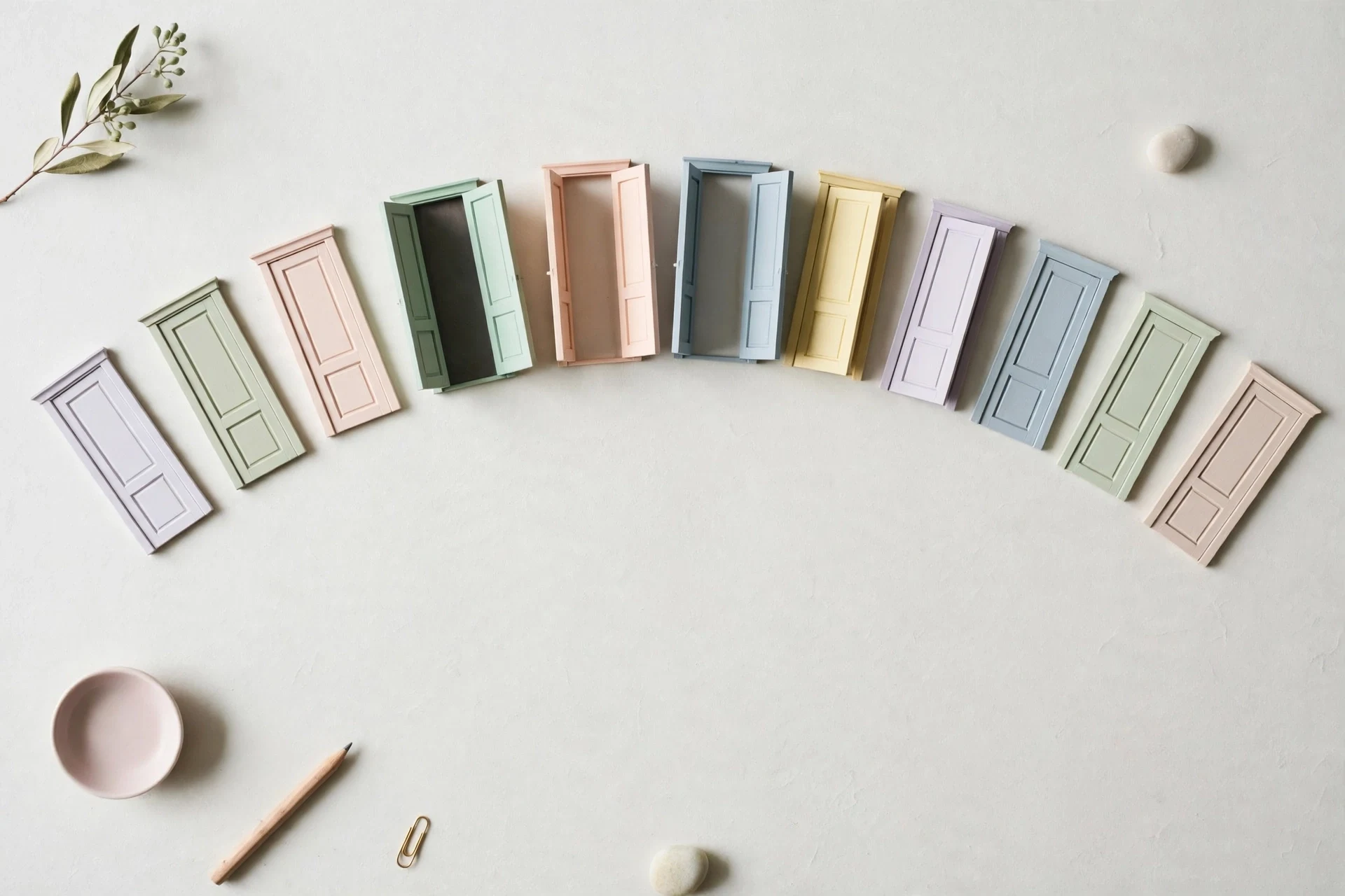 Flat-lay: eleven small pastel doors in a gentle arc on a pale off-white background, three standing wide open and the rest at different angles