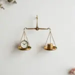 Flat-lay: a brass balance scale on a pale off-white background with a small clock on one pan and a neat stack of gold coins on the other, perfectly level