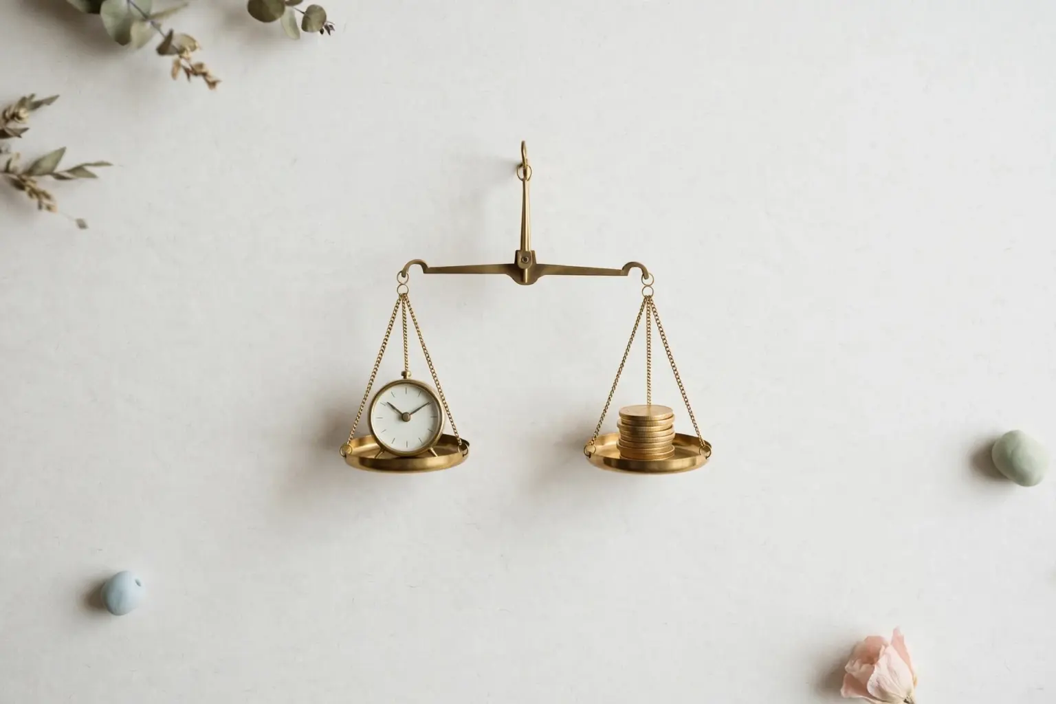 Flat-lay: a brass balance scale on a pale off-white background with a small clock on one pan and a neat stack of gold coins on the other, perfectly level