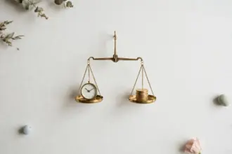 Flat-lay: a brass balance scale on a pale off-white background with a small clock on one pan and a neat stack of gold coins on the other, perfectly level