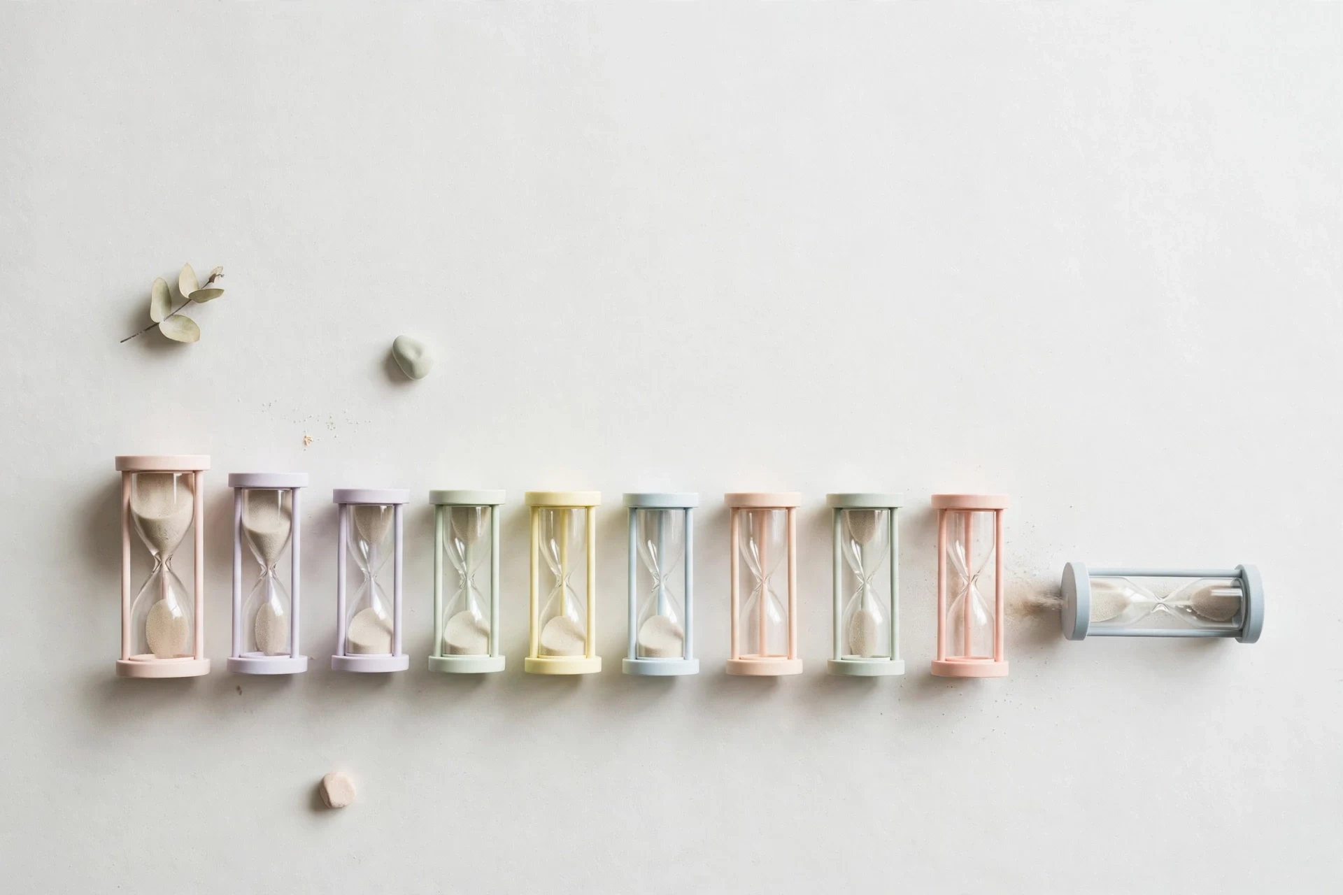 Flat-lay: ten small pastel hourglasses in a row on a pale off-white desk, each filled to a different level, the last one turned on its side