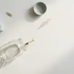 Flat-lay: an empty glass jar on its side on a pale off-white background with a single seed rolling out and sprouting a tiny green shoot on the paper