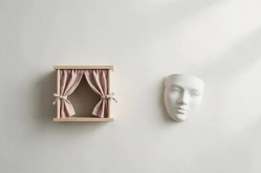 Flat-lay: a small wooden puppet stage with a tiny parted curtain on a pale off-white background, a plain white ceramic mask resting beside it
