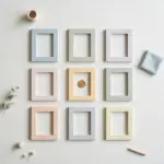 Flat-lay: a neat three-by-three grid of small pastel picture frames on a pale off-white background, the center frame holding a single gold coin instead of a picture