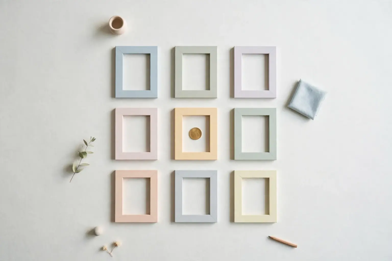 Flat-lay: a neat three-by-three grid of small pastel picture frames on a pale off-white background, the center frame holding a single gold coin instead of a picture