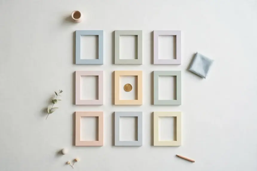 Flat-lay: a neat three-by-three grid of small pastel picture frames on a pale off-white background, the center frame holding a single gold coin instead of a picture