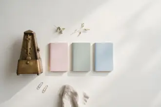 Flat-lay: a vintage brass metronome beside a neat row of small pastel notebooks on a pale off-white background