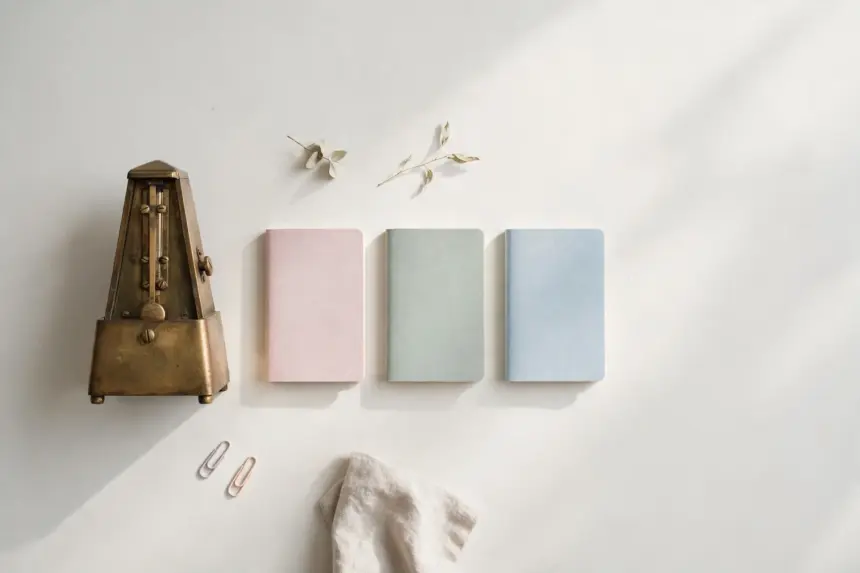 Flat-lay: a vintage brass metronome beside a neat row of small pastel notebooks on a pale off-white background