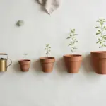 Flat-lay: a row of terracotta pots in increasing sizes on a pale off-white background, each holding a slightly taller green seedling, with a small brass watering can at the start of the row
