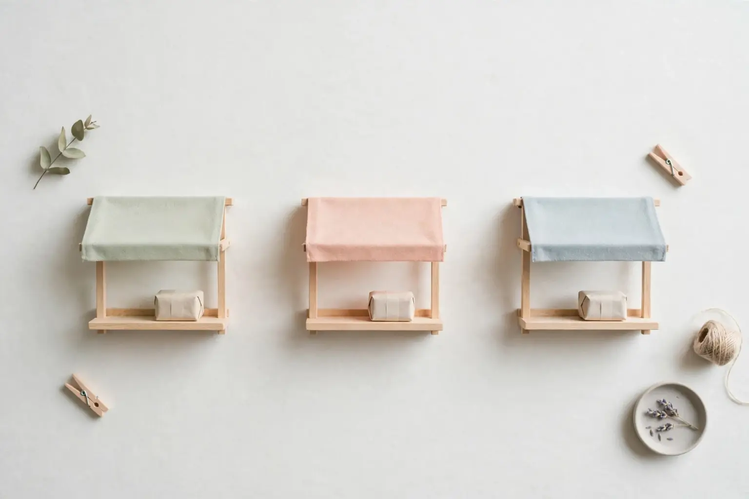 Flat-lay: three miniature market stalls in pastel canvas and wood standing in a row on a pale off-white background, each with one small blank paper parcel on its counter