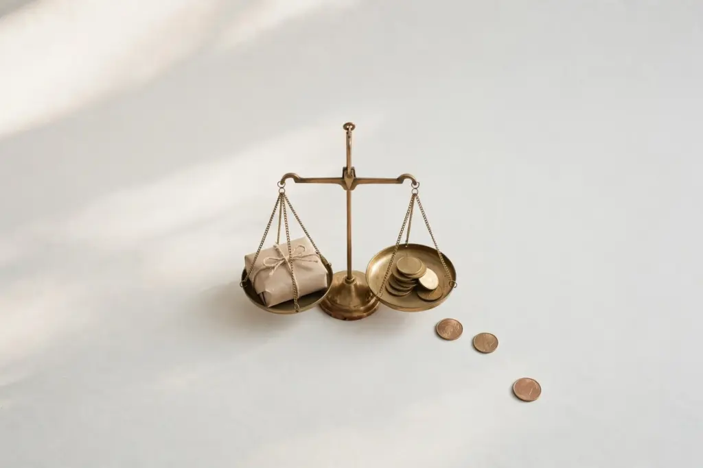 Flat-lay: a brass balance scale on a pale off-white desk weighing one neatly wrapped paper parcel against a small uneven stack of coins, a few coins tipped off the pan onto the desk