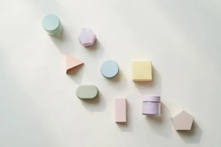 Flat-lay: a small market stall shelf holding nine tiny pastel jars and boxes of different shapes in a row on a pale off-white background