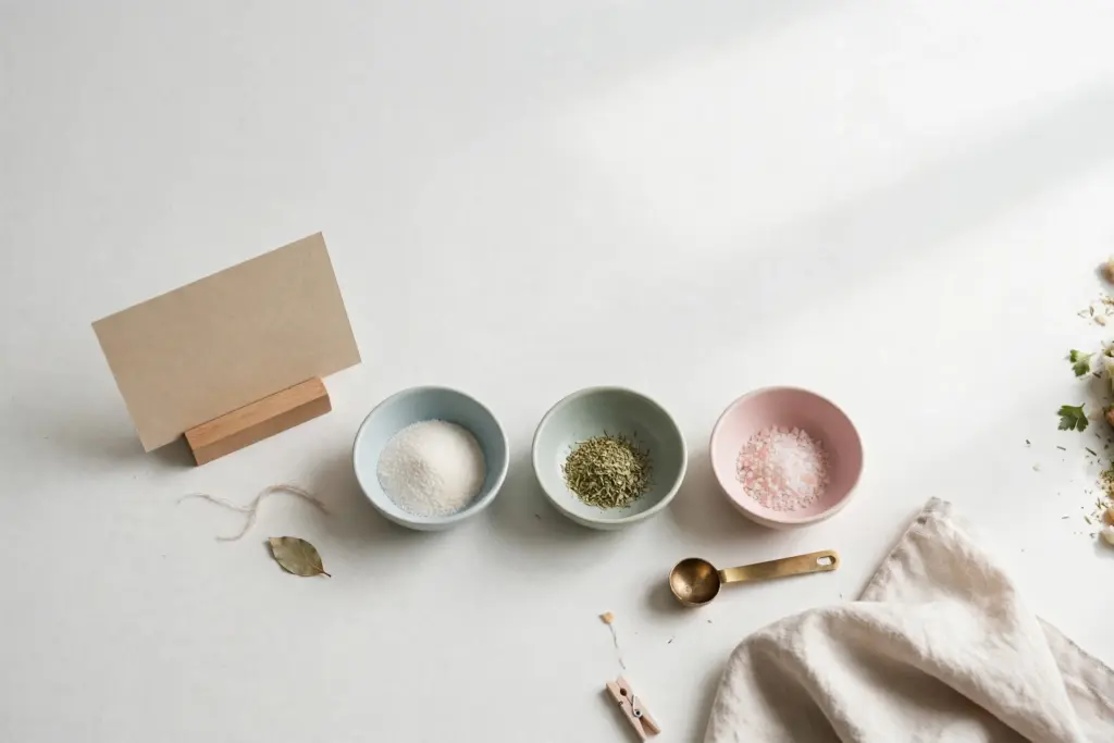 Flat-lay: a recipe card stand beside small bowls of carefully measured ingredients on a pale off-white desk, with a finished dish just out of frame