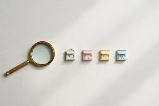Flat-lay: a small brass magnifying glass resting beside a neat row of tiny pastel shopfront models on a pale off-white background