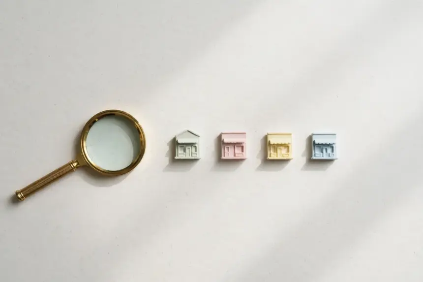 Flat-lay: a small brass magnifying glass resting beside a neat row of tiny pastel shopfront models on a pale off-white background
