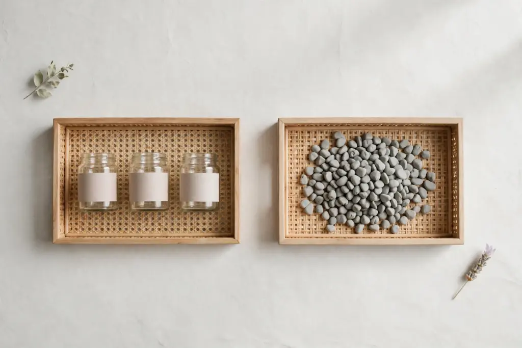Flat-lay: two open trays side by side on a pale off-white desk, one holding neatly arranged blank jars and the other a jumble of identical grey pebbles
